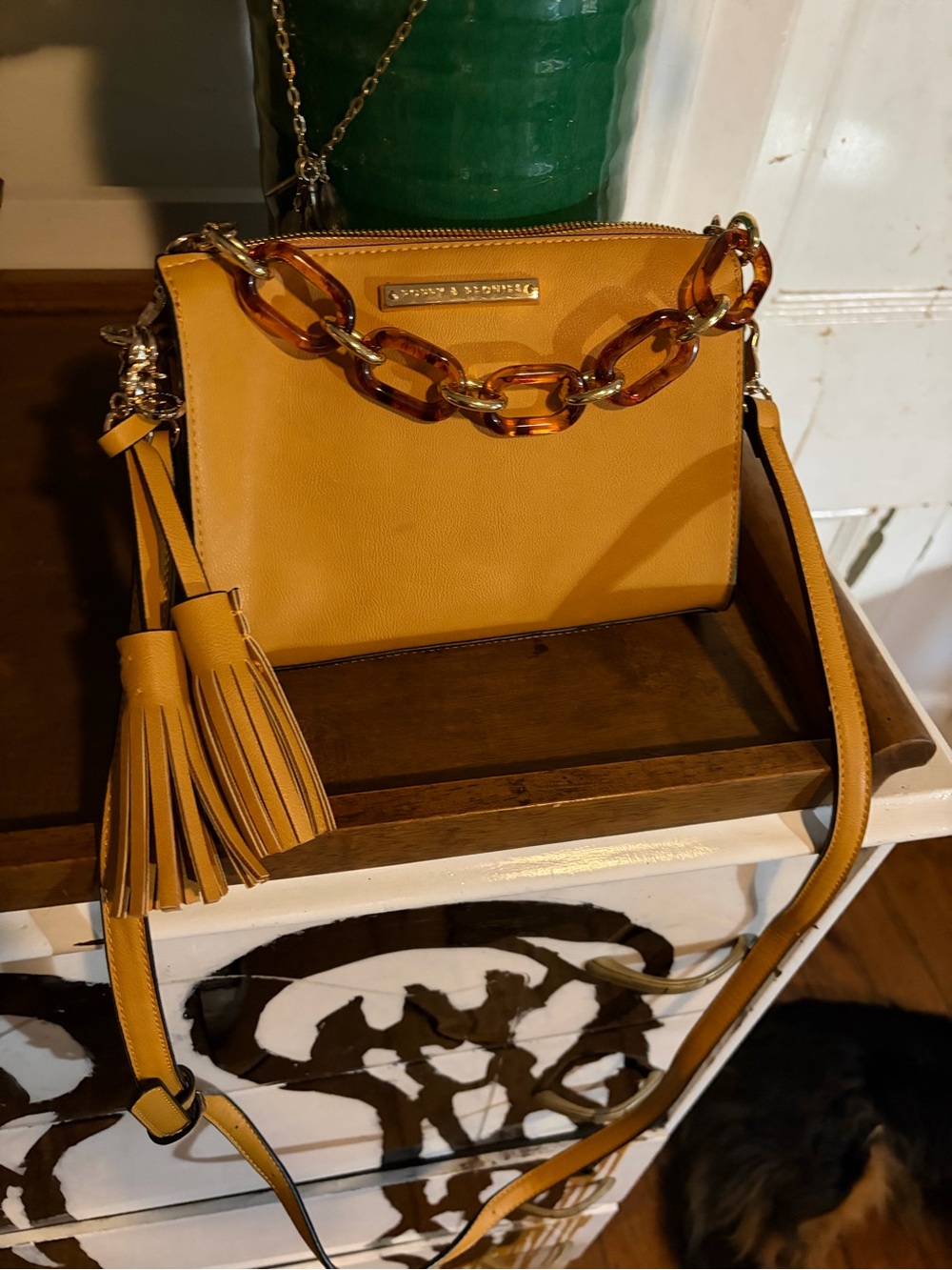 Mustard Yellow Crossbody Bag with Tortoiseshell Chain